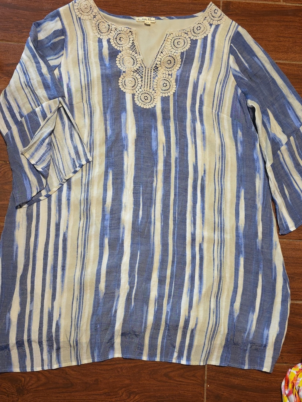 Indigo Striped Blue and White Midi Dress with Crochet V-Neck